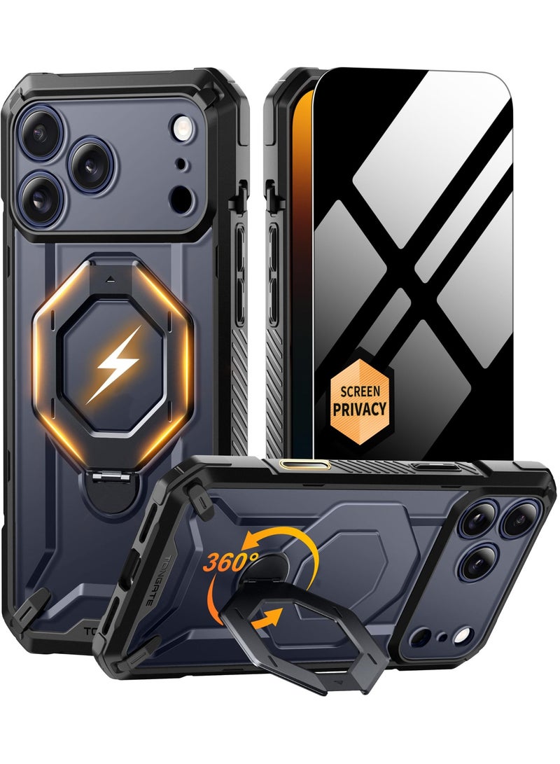 تونجيت غطاء لهاتف آيفون 17 برو مزود بحامل مغناطيسي دوّار 360°، [متوافق مع ماج سيف][حماية بمعايير عسكرية] مع واقي شاشة للخصوصية وغطاء حماية الكاميرا لهاتف آيفون 17 برو، باللون الأسود - Image 1