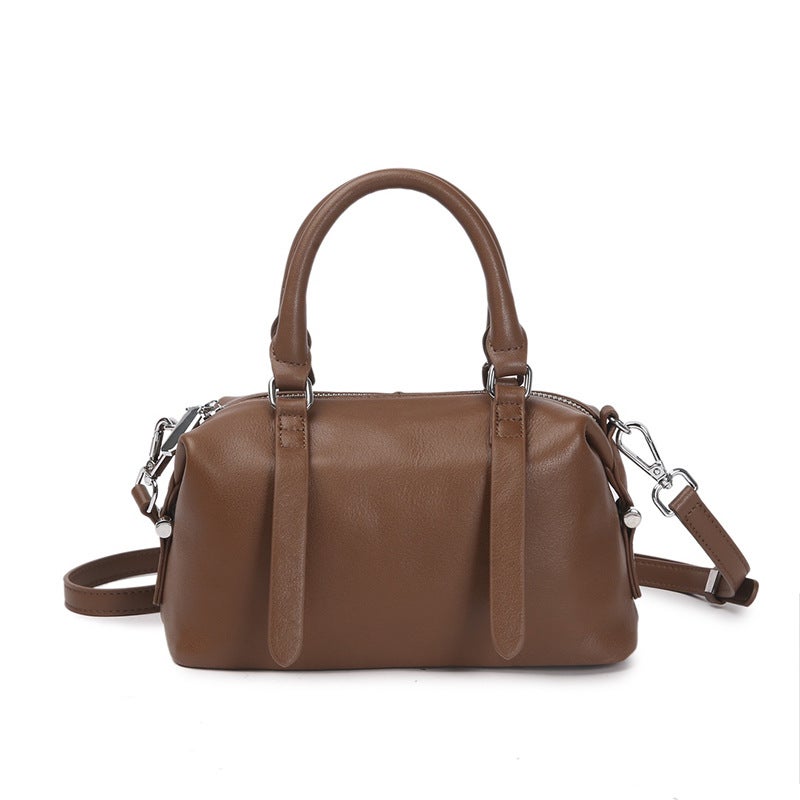 Womens Vintage Single Shoulder Boston Bag Full Leather Crossbody Bag Commute To Work Handbag Genuine Cow Leather Top Layer Mocha brown 