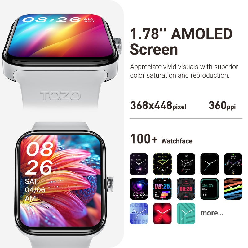 TOZO ساعة TOZO AMOLED S4 AcuFit One الذكية 1.78" بشاشة فائقة الوضوح للرجال والنساء، تتبع اللياقة البدنية، مراقب معدل ضربات القلب والنوم والأكسجين في الدم، مقاومة للماء IP68 لنظام iOS 11.0+ وAndroid 9.0+ فضي - Image 2