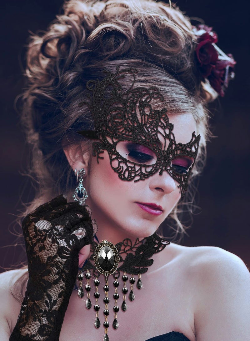NIBEMINENT Masquerade Mask, 6 Pcs Mask Set Include 2 Lace Eyemask Choker Necklace, Gloves for Valentine's Day  - Image 4