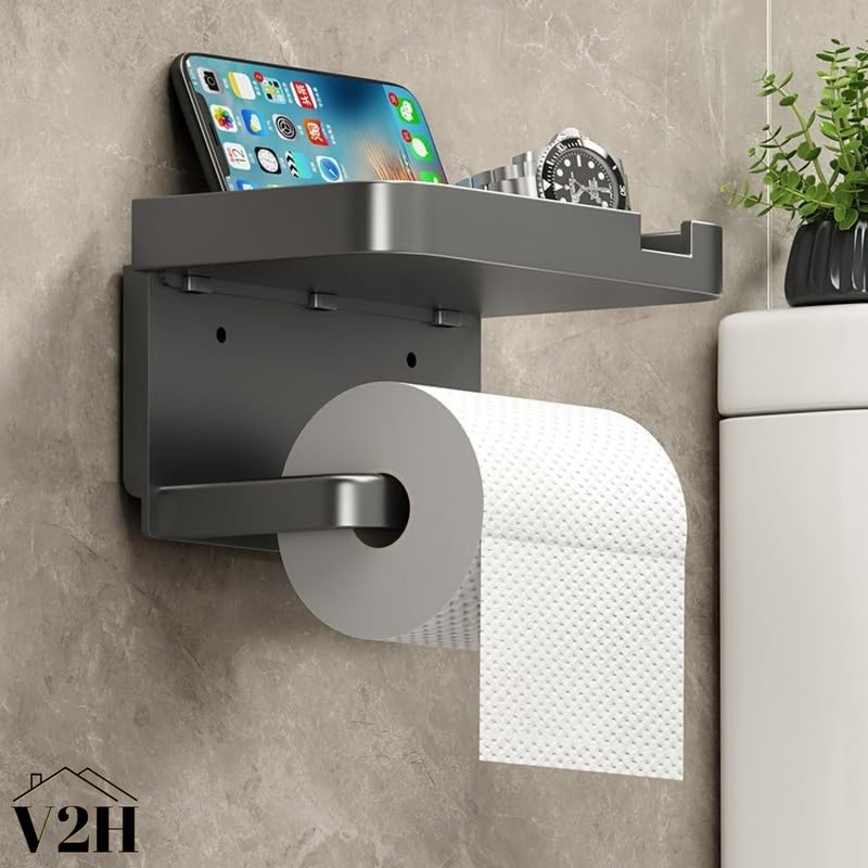 V2H Toilet Paper Holder with Phone Shelf Adhesive or Screw Wall Mounted Toilet Paper Roll Storage(Set of 1) - Image 5