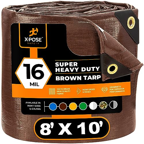 xpose safety 8' x 10' Super Heavy Duty 16 Mil Brown Poly Tarp Cover - Thick Waterproof, UV Resistant, Rip and Tear Proof Tarpaulin with Grommets and Reinforced Edges - by Xpose Safety - Image 1