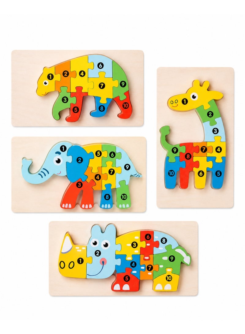 Capstro Wooden Number Puzzle Set for Kids – 4 Pack Animal Counting Puzzles (1–10) | Montessori Early Math Learning & Fine Motor Skill Toy for Preschool – Four Animal Designs - Image 1