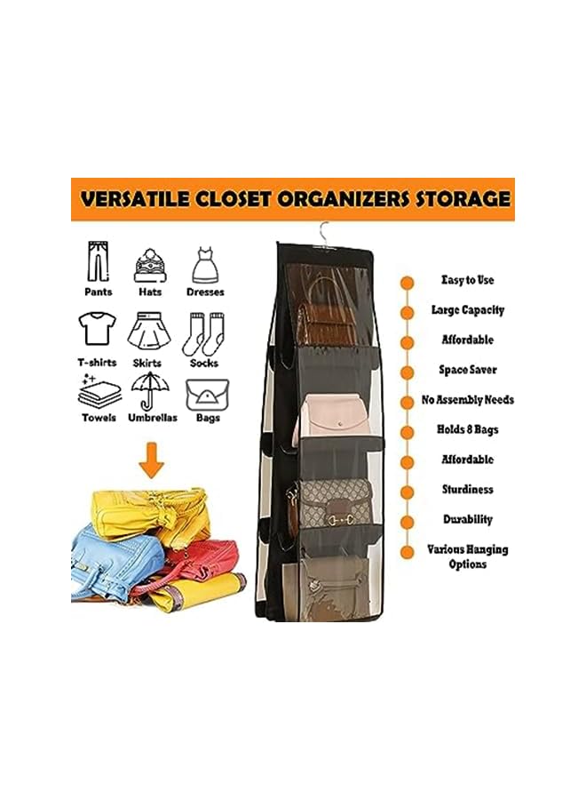Zaboon Handbag Hanging Organizer With 8 Pockets Foldable Oxford Cloth Hanging Purse Organizer Handbag Storage Hanger Closet Organizer For Family Closet Bedroom Black  - Image 3