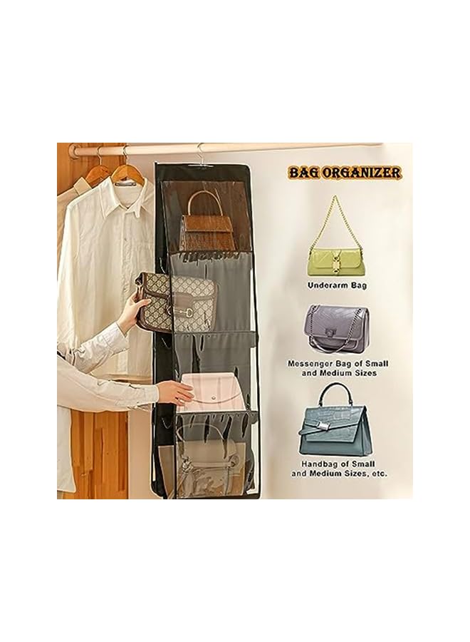 Zaboon Handbag Hanging Organizer With 8 Pockets Foldable Oxford Cloth Hanging Purse Organizer Handbag Storage Hanger Closet Organizer For Family Closet Bedroom Black  - Image 4