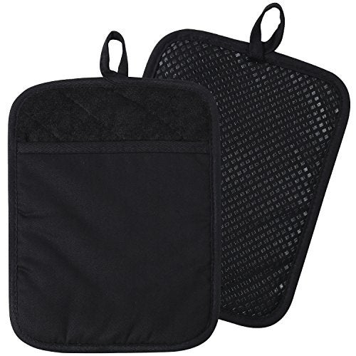 Lifaith 100% Cotton with Silicone Kitchen Everyday Basic Pot Holder Heat Resistant Coaster Potholder Oven Mitts with Pocket for Cooking and Baking Set of 2 Black - Image 1