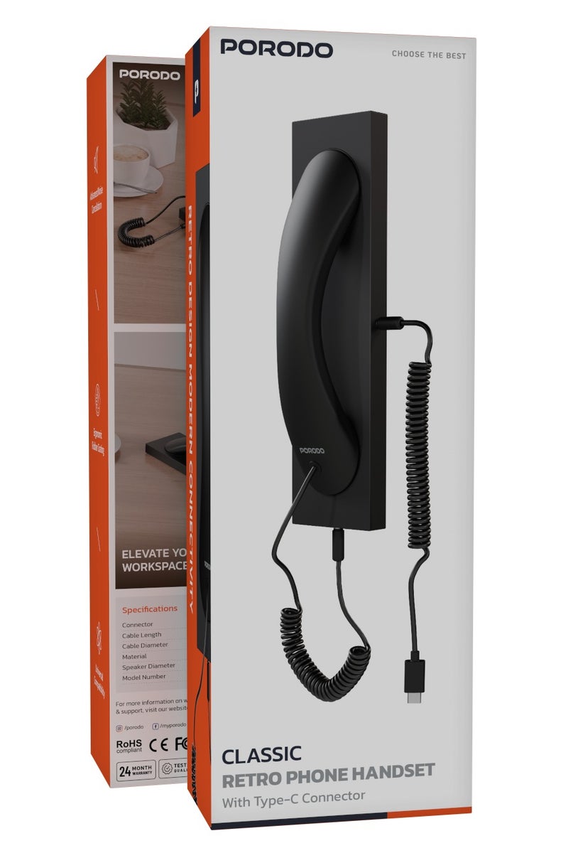 porodo Classic Retro Phone Handset / Type-C / 2.5m / Advanced Noise Cancellation / Ergonomic Rubber Coating / Universal Compatibility - Black - Image 3