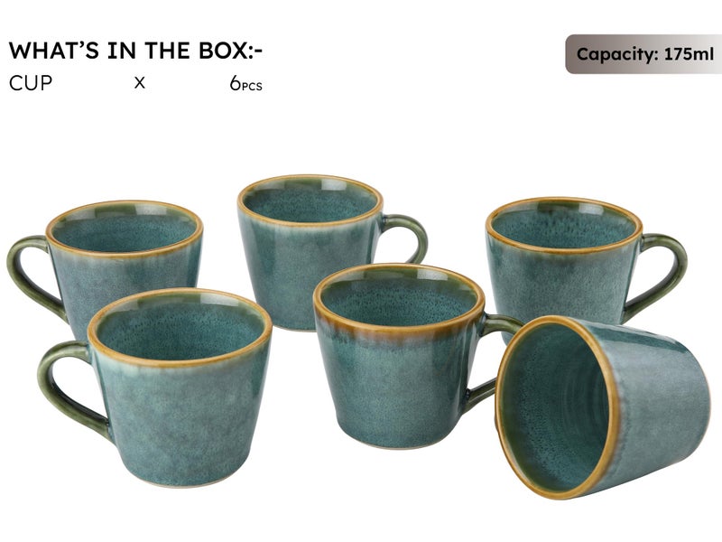 Bodhi House Handmade Reactive Glaze Ceramic Tea Cup Set of 6 Pieces (175 Ml), Stoneware Coffee Mug, Microwave Safe Small Tea Cup, Ideal for Daily use, Casual Gatherings and Gifting, Ocean Green - Image 3