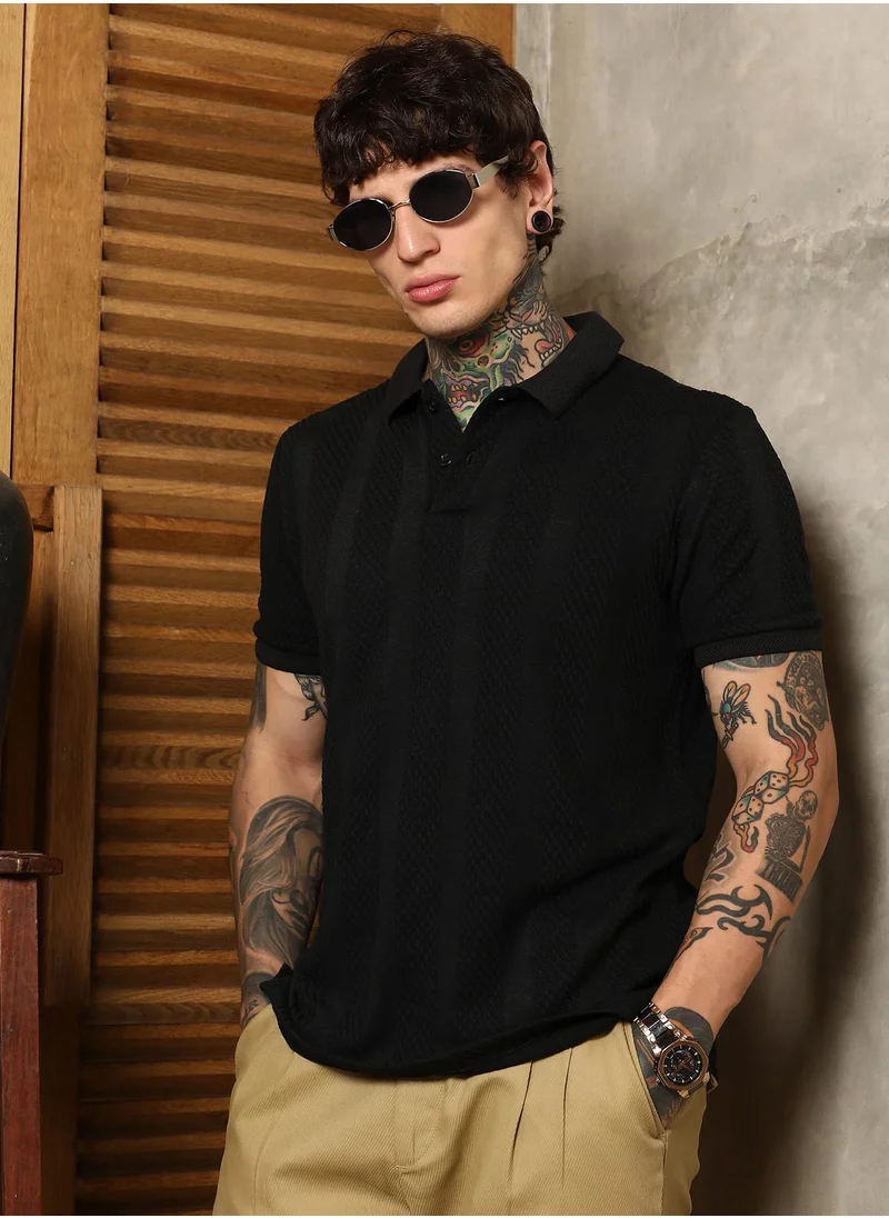 كامبوس سوترا Men's Onyx Black Bi-Panel Polo T-Shirt For Casual Wear | Polo Neck | Short Regular Sleeves | Half-Button Closure | T-Shirt Crafted With Comfort Fit For Everyday Wear