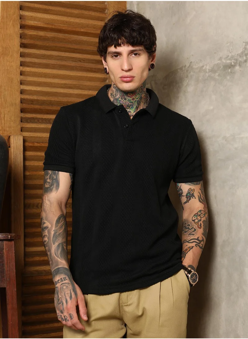 كامبوس سوترا Men's Onyx Black Bi-Panel Polo T-Shirt For Casual Wear | Polo Neck | Short Regular Sleeves | Half-Button Closure | T-Shirt Crafted With Comfort Fit For Everyday Wear