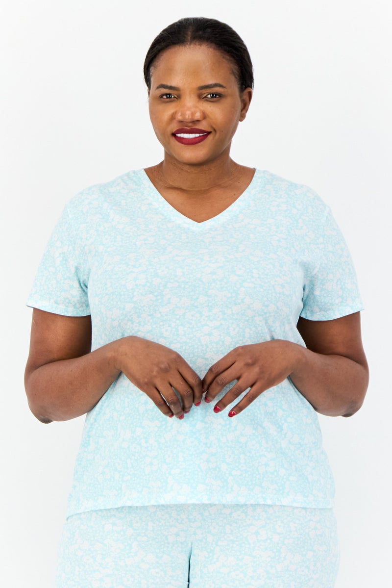 Celestial Dreams Women 2 Pieces Plus Size Floral Print Top And  Pajama Set, Turquoise - Image 4