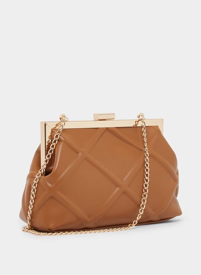 Styli Brown Embossed Clutch with Chain Strap - Image 1
