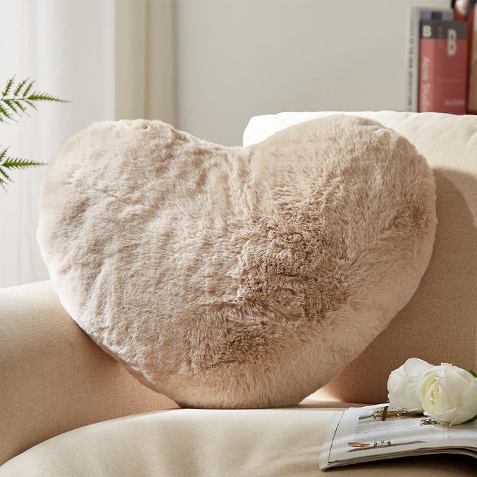 HEART PILLOW BEIGE HEART PILLOWS LOVE PILLOW GIFTS 14X17 INCH LARGE HEART SHAPED PILLOWS FAUX RABBIT FUR COQUETTE ROOM DECOR THROW PILLOWS LIVING BEDROOM INDOOR OUTDOOR