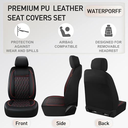 CAROMOP Faux Leather Car Seat Covers 2 Front Set,Luxury and Comfortable Seat Covers for Cars, Airbag Compatible Car Interior Covers, Universal Fit for Suvs,Vans,Trucks(Black/Red) - Image 5