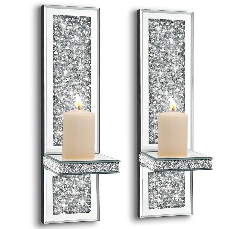 Pibeyer Crystal Crush Diamond Wall Candle Holder Set of 2, Silver Mirrored Candle Sconces, Home Wall Decoration for Living Room,Dining Room & Bedroom - Image 3
