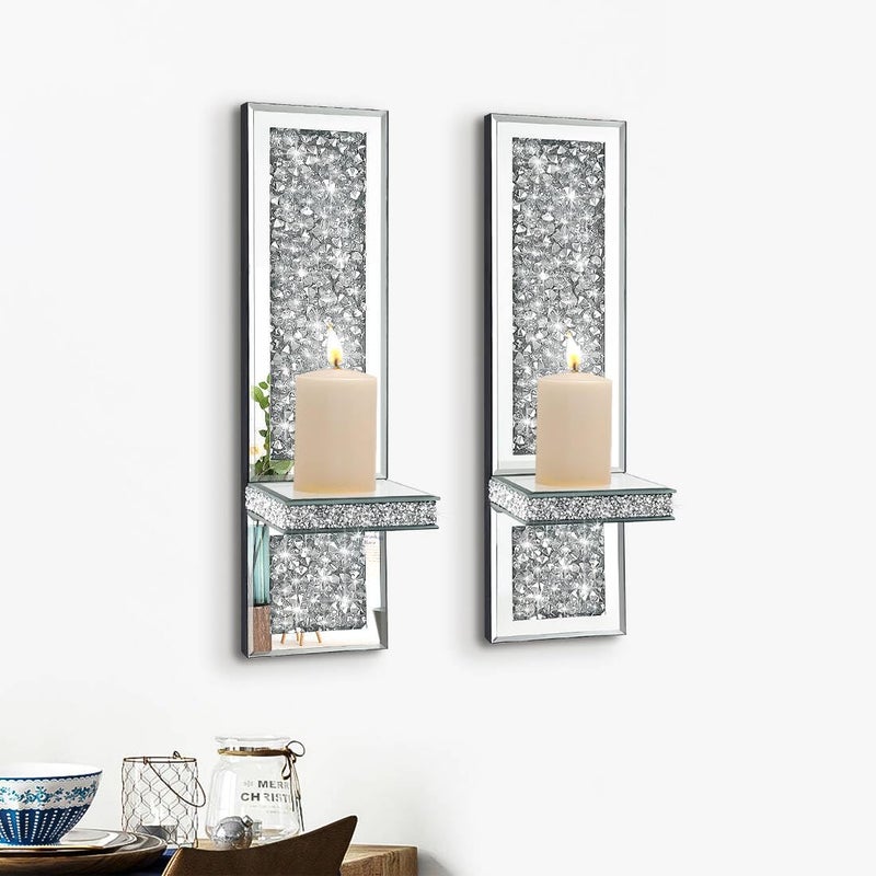 Pibeyer Crystal Crush Diamond Wall Candle Holder Set of 2, Silver Mirrored Candle Sconces, Home Wall Decoration for Living Room,Dining Room & Bedroom - Image 4