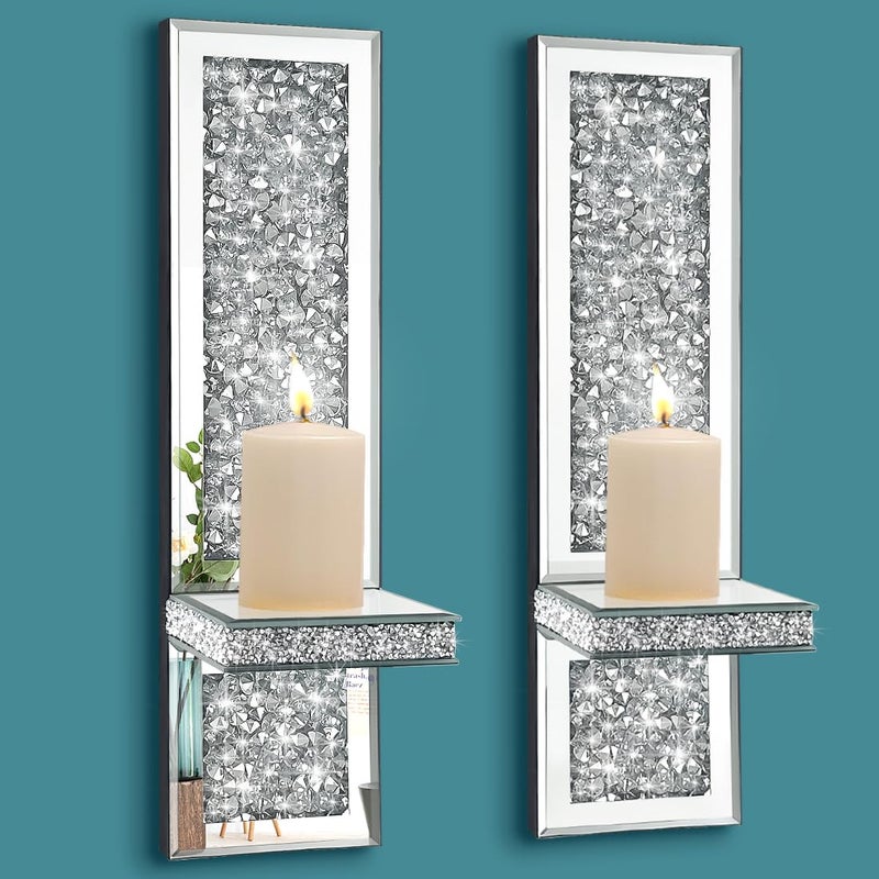 Pibeyer Crystal Crush Diamond Wall Candle Holder Set of 2, Silver Mirrored Candle Sconces, Home Wall Decoration for Living Room,Dining Room & Bedroom - Image 1