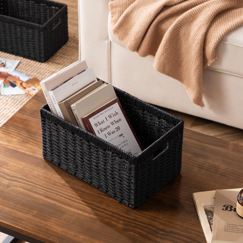 UBBCARE 4 Pack Wicker Basket, 13.4LÃ—8.3HÃ—7.1W inch Woven Paper Rope Storage Baskets for shelves, Foldable Rectangular Storage Baskets with Handle, Storage Basket for Organizing, Black - Image 5