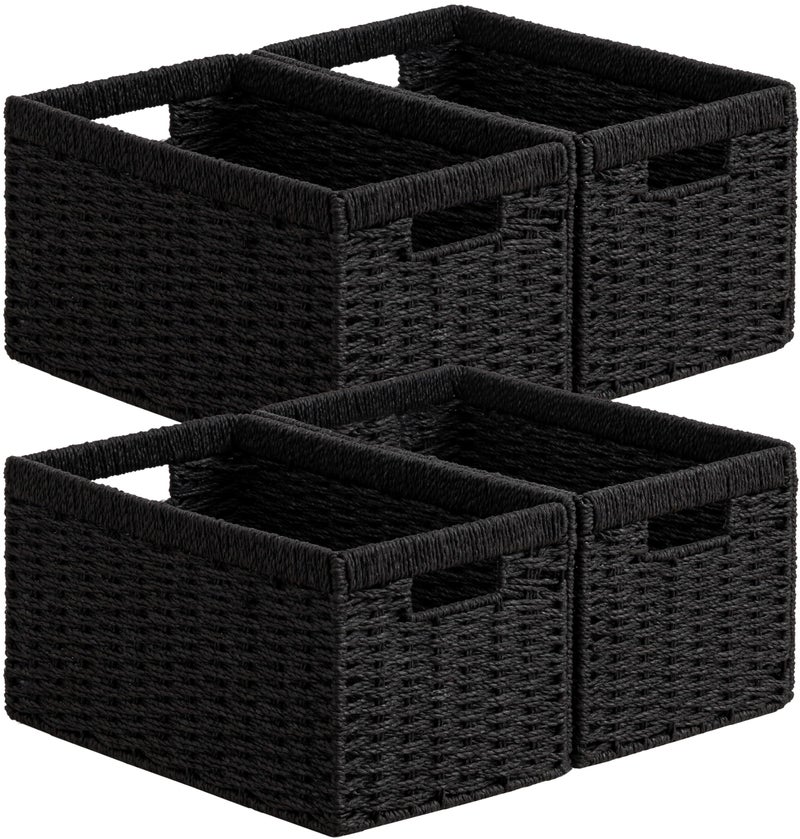 UBBCARE 4 Pack Wicker Basket, 13.4LÃ—8.3HÃ—7.1W inch Woven Paper Rope Storage Baskets for shelves, Foldable Rectangular Storage Baskets with Handle, Storage Basket for Organizing, Black - Image 1