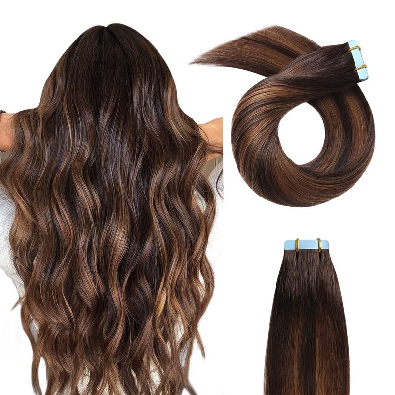 YILITE Tape in Hair Extensions 14 inch 262 Straight Hair Balayage Darkest Brown Roots Fading to Darkest Brown and Chestnut Brown 40g 20pcs Tape in Hair Extensions Real Human Hair14 inch 262