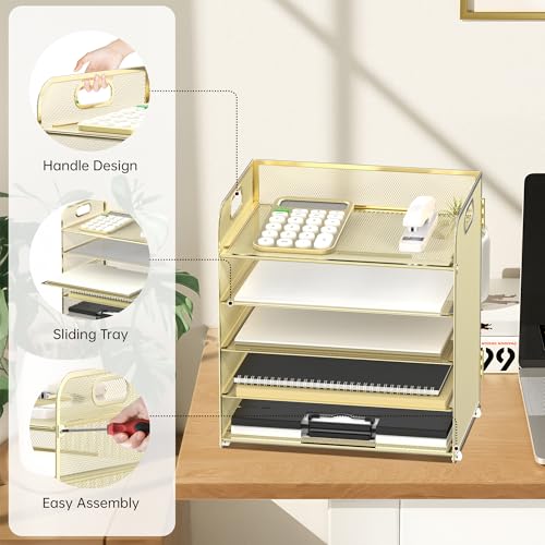 Supeasy 5 Trays Paper Organizer Letter Tray with Handle-Mesh Desk File Organizer, Paper Sorter Desk Organizer for Office, Home or School (Golden) - Image 3
