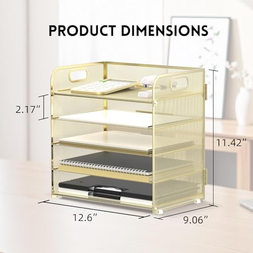 Supeasy 5 Trays Paper Organizer Letter Tray with Handle-Mesh Desk File Organizer, Paper Sorter Desk Organizer for Office, Home or School (Golden) - Image 5