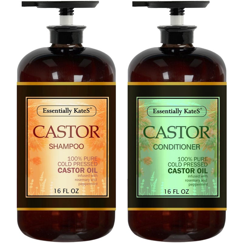 Essentially KateS Castor Oil Rosemary Mint Shampoo and Conditioner 16 Fl Oz Set, Pack of 2 - Helps Thicker and Healthy Looking Hair - Sulfate & Paraben Free - Image 1