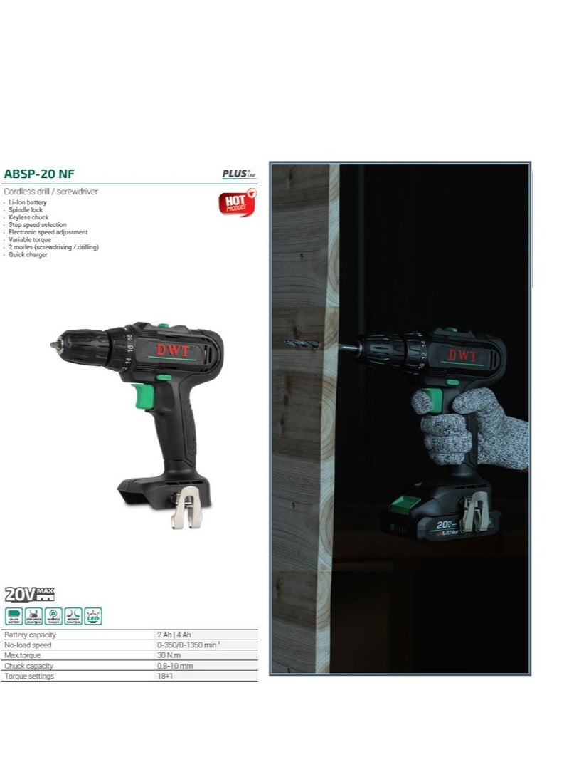 DWT Semi-Professional Cordless Drill/Screwdriver,20V,2.0Ah,10mm,30N.m;ABSP-20 NF-2 BMC - Image 2