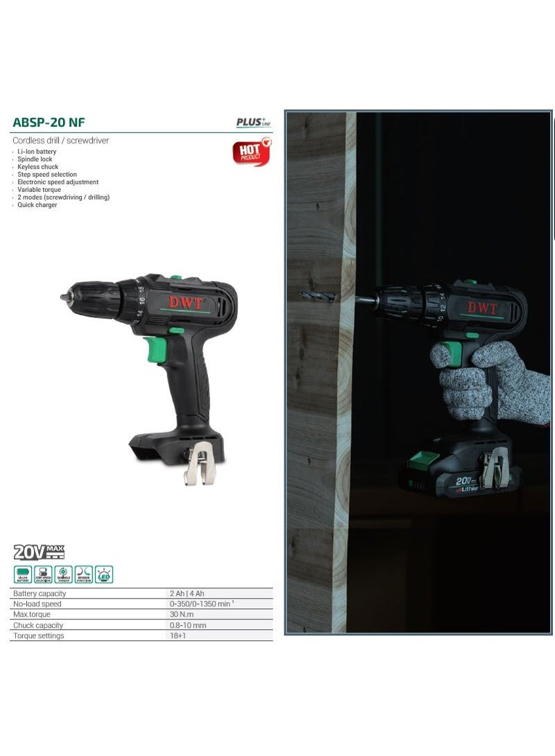 DWT Semi-Professional Cordless Drill/Screwdriver,20V,2.0Ah,10mm,30N.m;ABSP-20 NF-2 BMC - Image 3