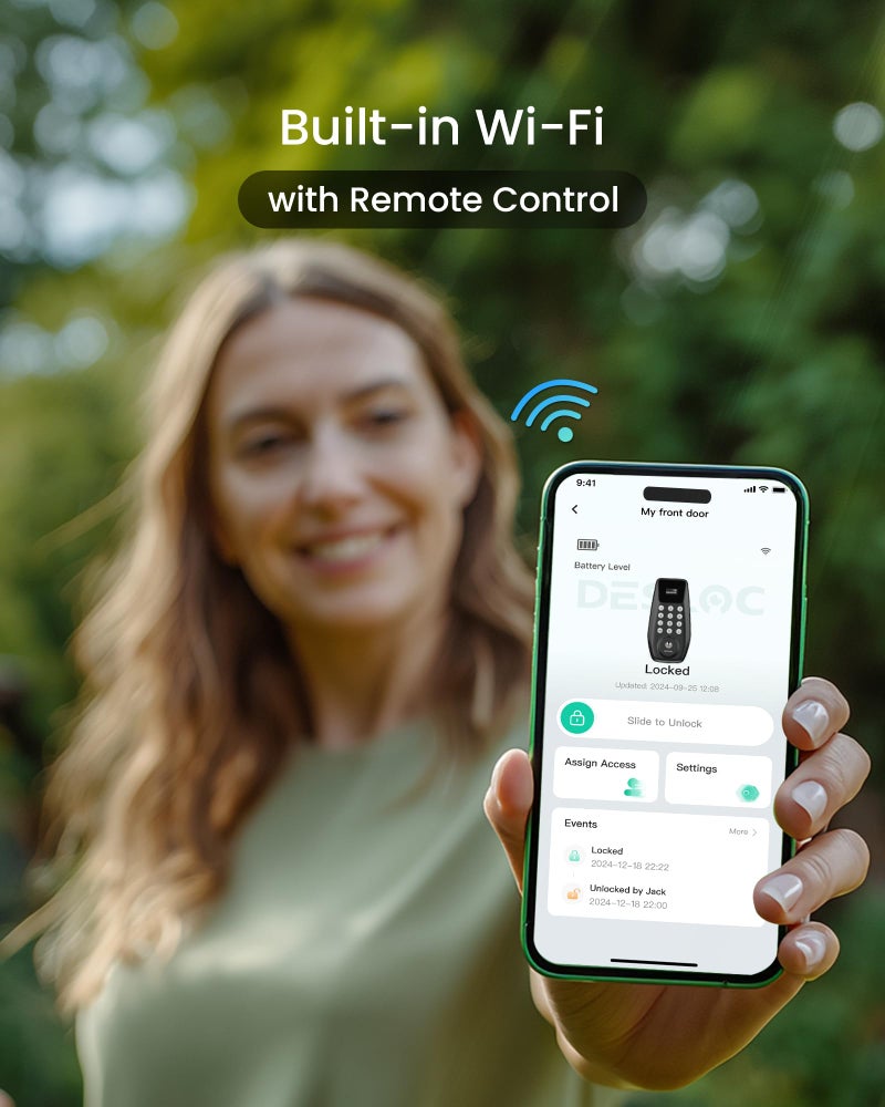 DESLOC C100 Plus قفل ذكي مدمج بتقنية WiFi قفل باب دخول بدون مفتاح مع لوحة مفاتيح عرض Deadbolt لتطبيق الباب الأمامي جهاز تحكم عن بعد مضاد للزقزقة كلمة مرور IP54 مقاوم للماء BHMA درجة 3 أسود - Image 3