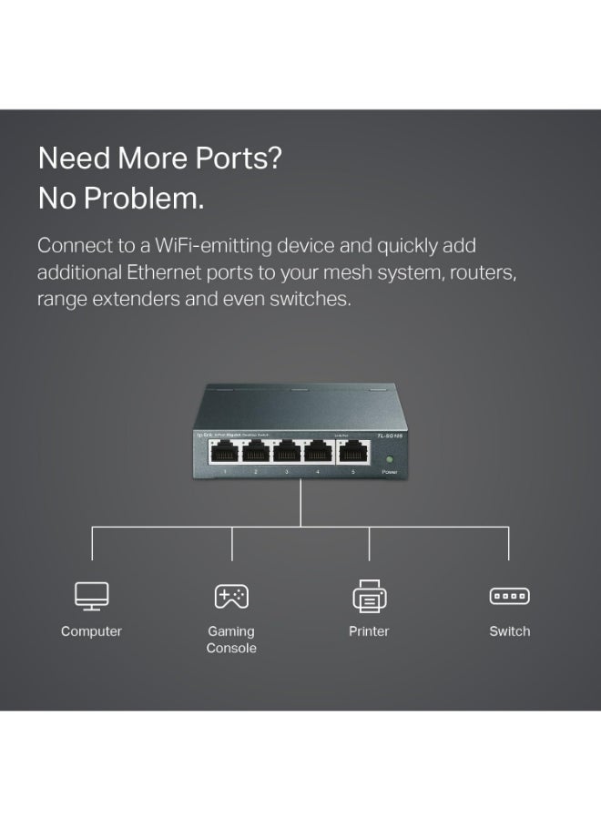 TP-LINK 5 Port Gigabit Unmanaged Ethernet Network Switch, Ethernet Splitter | Plug & Play | Fanless Metal Design | Shielded Ports | Traffic Optimization | Limited Lifetime Protection - TL-SG105 | Blue - Image 4
