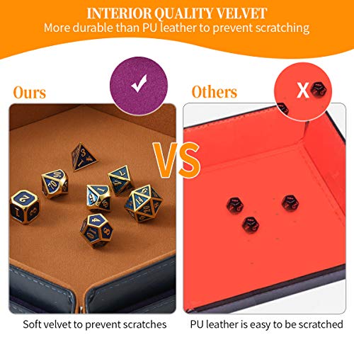 Grajar 2 Pcs Portable Folding Dice Rolling Tray Set for RPG DND Table Games - PU Leather and Velvet Holder Storage Box - Navy Blue and Camel - Image 4
