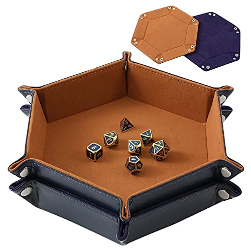 Grajar 2 Pcs Portable Folding Dice Rolling Tray Set for RPG DND Table Games - PU Leather and Velvet Holder Storage Box - Navy Blue and Camel - Image 1