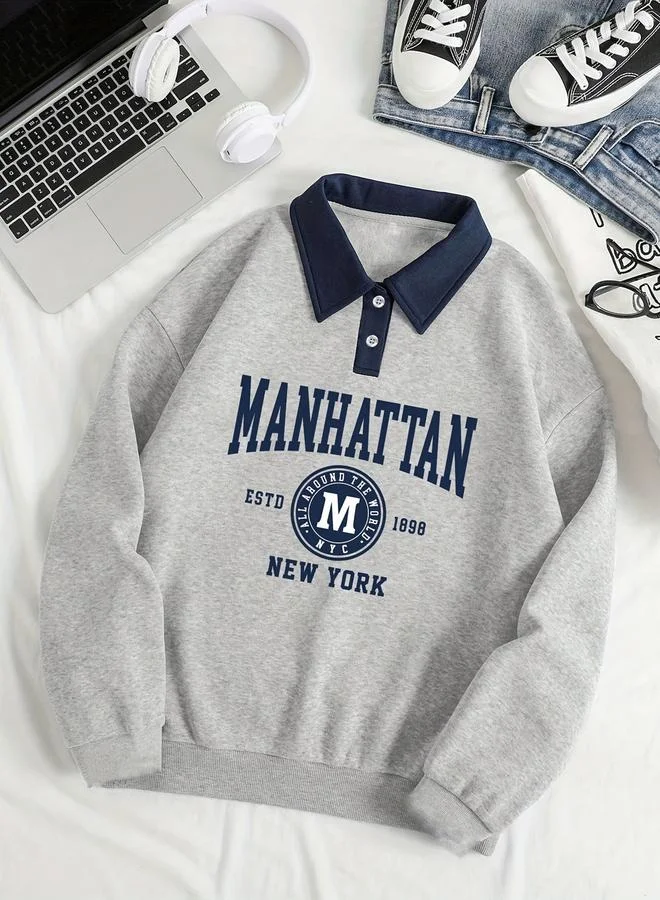 تايك تو سويت شيرت بياقة بولو وطبعة مانهاتن