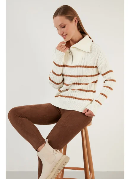 Lela Striped Zippered Turtleneck Knitted Sweater Women's Sweater 63622458