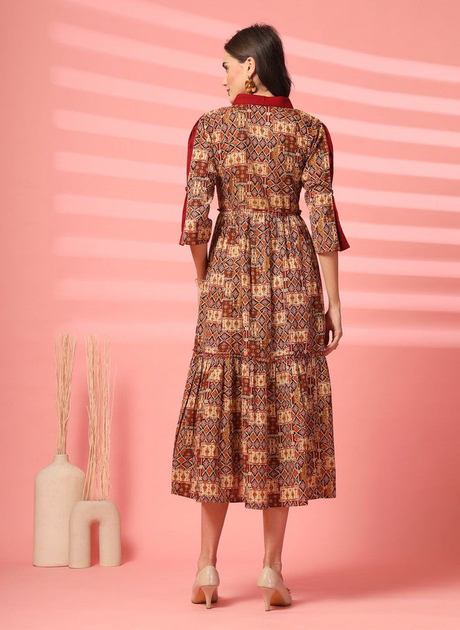 Indibelle Women Printed Cotton A-Line Midi Dress with Geometric Pattern - Image 4