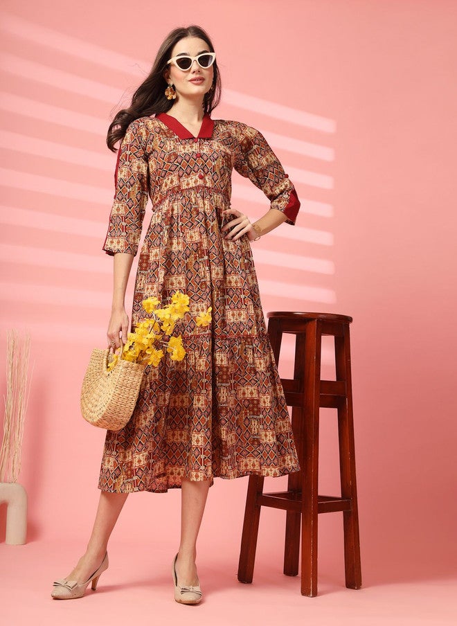 Indibelle Women Printed Cotton A-Line Midi Dress with Geometric Pattern - Image 5