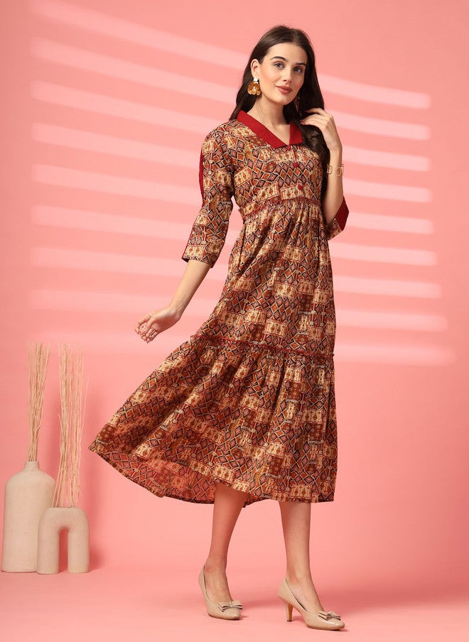 Indibelle Women Printed Cotton A-Line Midi Dress with Geometric Pattern - Image 1