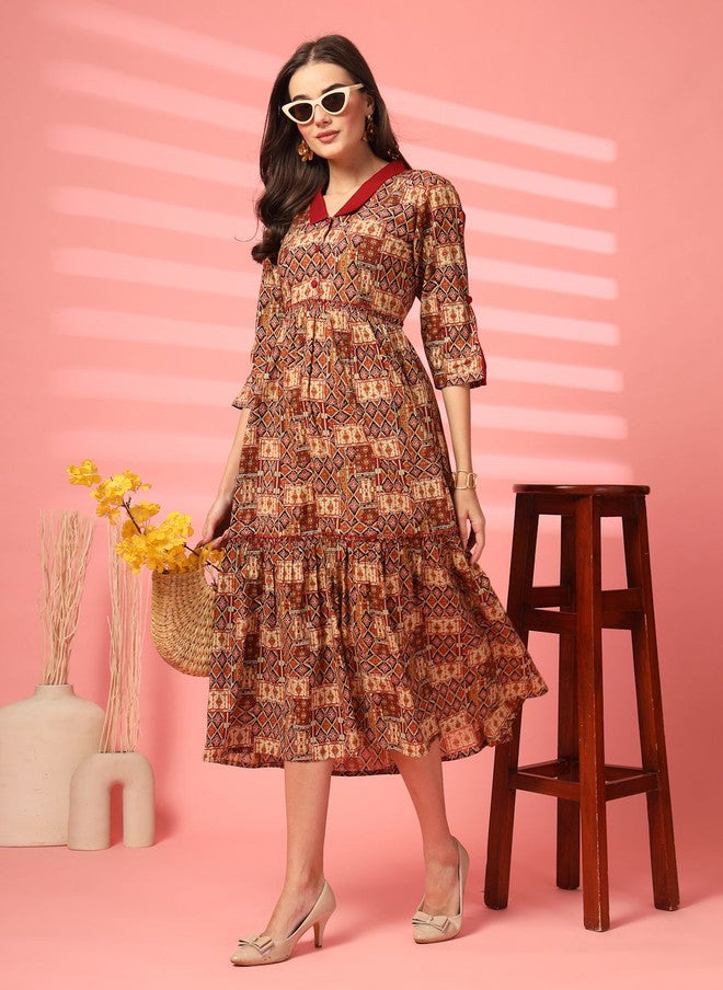 Indibelle Women Printed Cotton A-Line Midi Dress with Geometric Pattern - Image 3