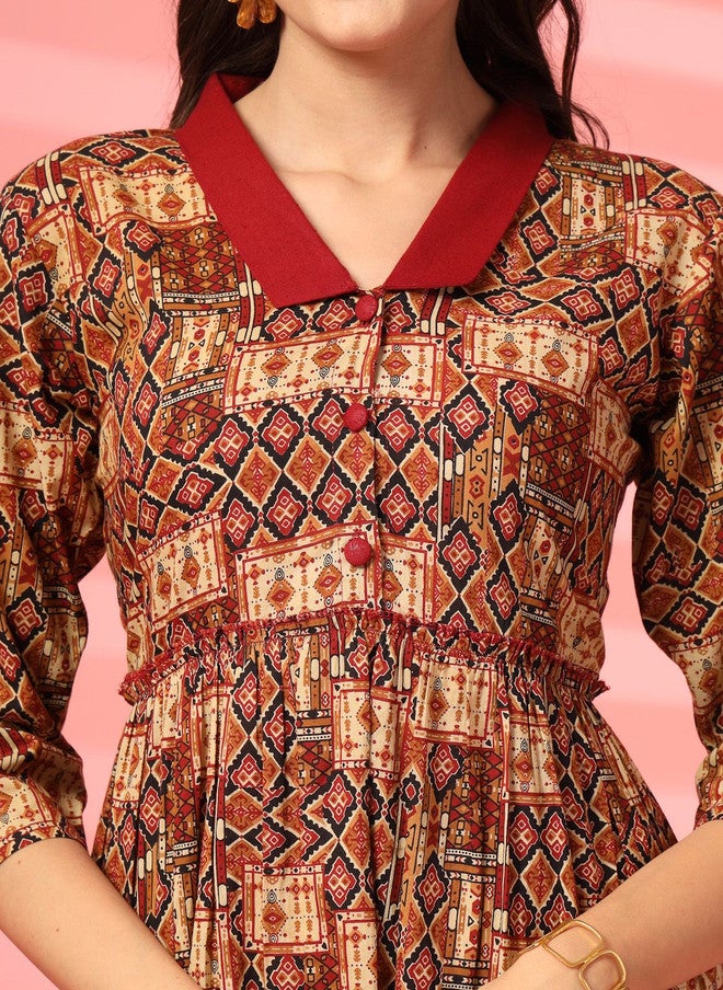 Indibelle Women Printed Cotton A-Line Midi Dress with Geometric Pattern - Image 2