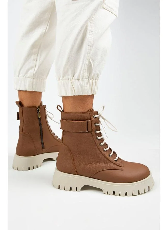 Adel Women's Genuine Leather Laced Inner Zippered Taba-Beige Boot.