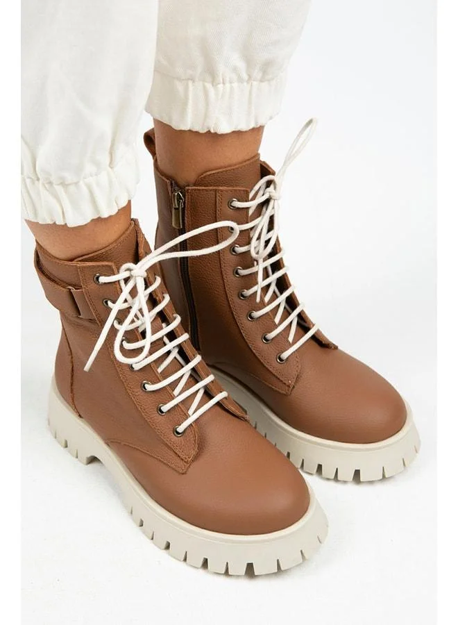 Manijero  Adel Women's Genuine Leather Laced Inner Zippered Taba-Beige Boot. for Women | Best Price UAE
