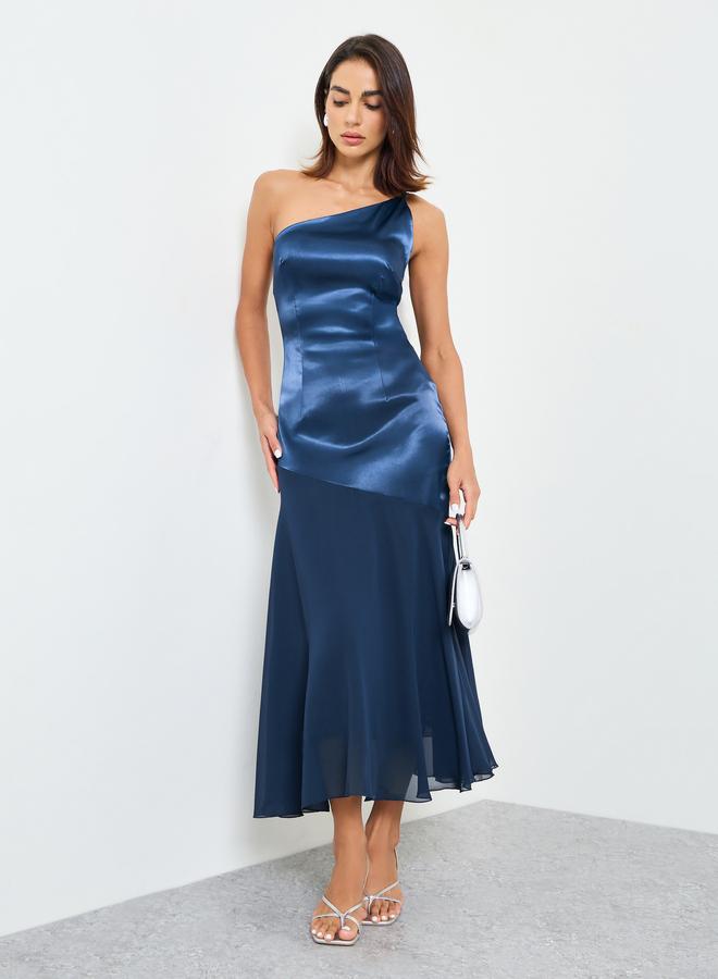 Take Two Navy One-Shoulder Midi Mermaid Hem Dress - Image 1