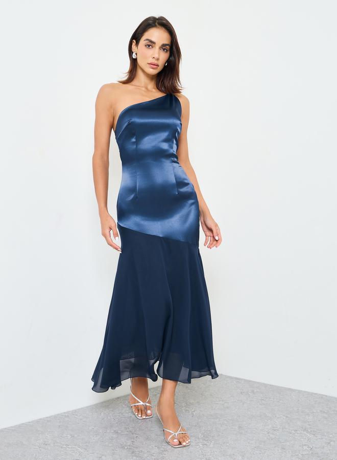 Take Two Navy One-Shoulder Midi Mermaid Hem Dress - Image 3