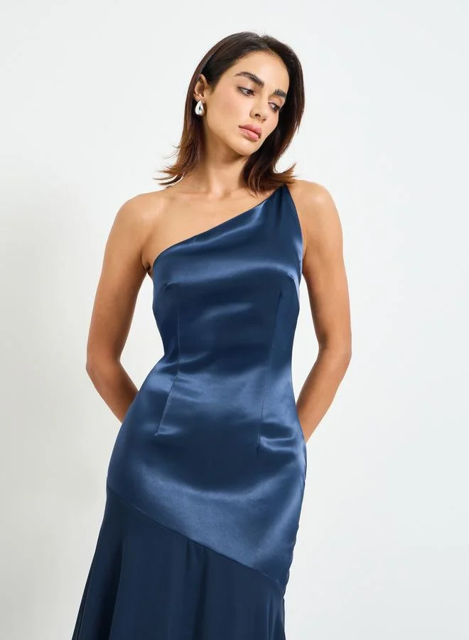 تايك تو Navy One-Shoulder Midi Mermaid Hem Dress