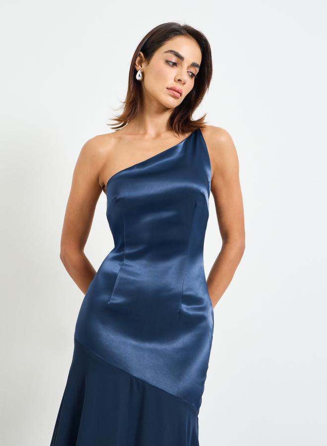 Take Two Navy One-Shoulder Midi Mermaid Hem Dress - Image 2