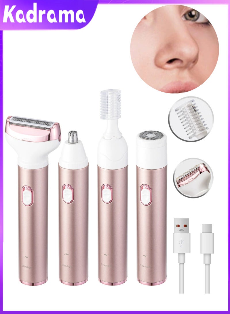 KADRAMA Electric Women's Shaver, 4-in-1 Shaver for Sensitive Areas, Face Legs Nose Underarms, Portable Bikini Trimmer for Wet and Dry Cordless Hair Removal, Removable Head - Pink - Image 1