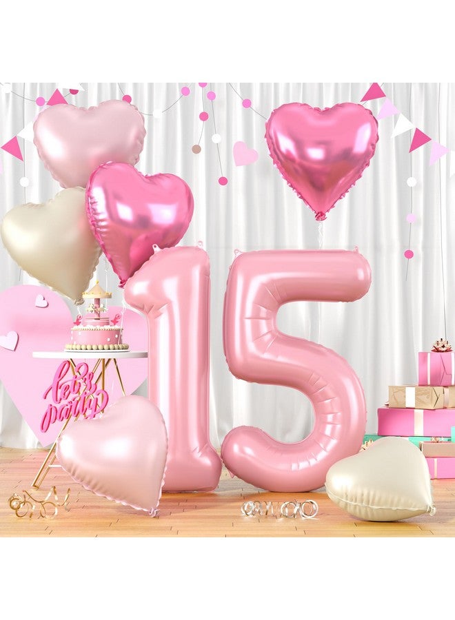 Biapian 40 Inch Pastel Pink 15 Balloons, Large Light Pink 15 Balloon Number with Pearl Baby Pink Cream Foil Heart Balloons for Girls 15th Birthday Party Baby Shower Anniversary Princess Party Decorations - Image 1