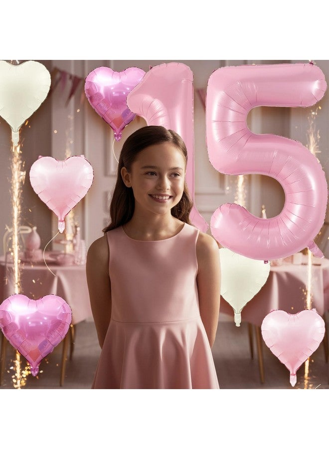 Biapian 40 Inch Pastel Pink 15 Balloons, Large Light Pink 15 Balloon Number with Pearl Baby Pink Cream Foil Heart Balloons for Girls 15th Birthday Party Baby Shower Anniversary Princess Party Decorations - Image 4