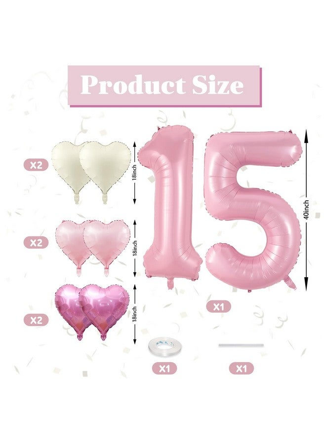 Biapian 40 Inch Pastel Pink 15 Balloons, Large Light Pink 15 Balloon Number with Pearl Baby Pink Cream Foil Heart Balloons for Girls 15th Birthday Party Baby Shower Anniversary Princess Party Decorations - Image 2